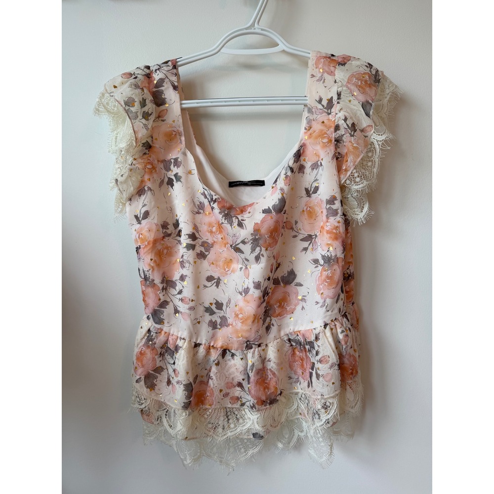 On Twelfth Floral Peplum Top Pink Lace Trim Gold Foil Heart Flutter Sleeve